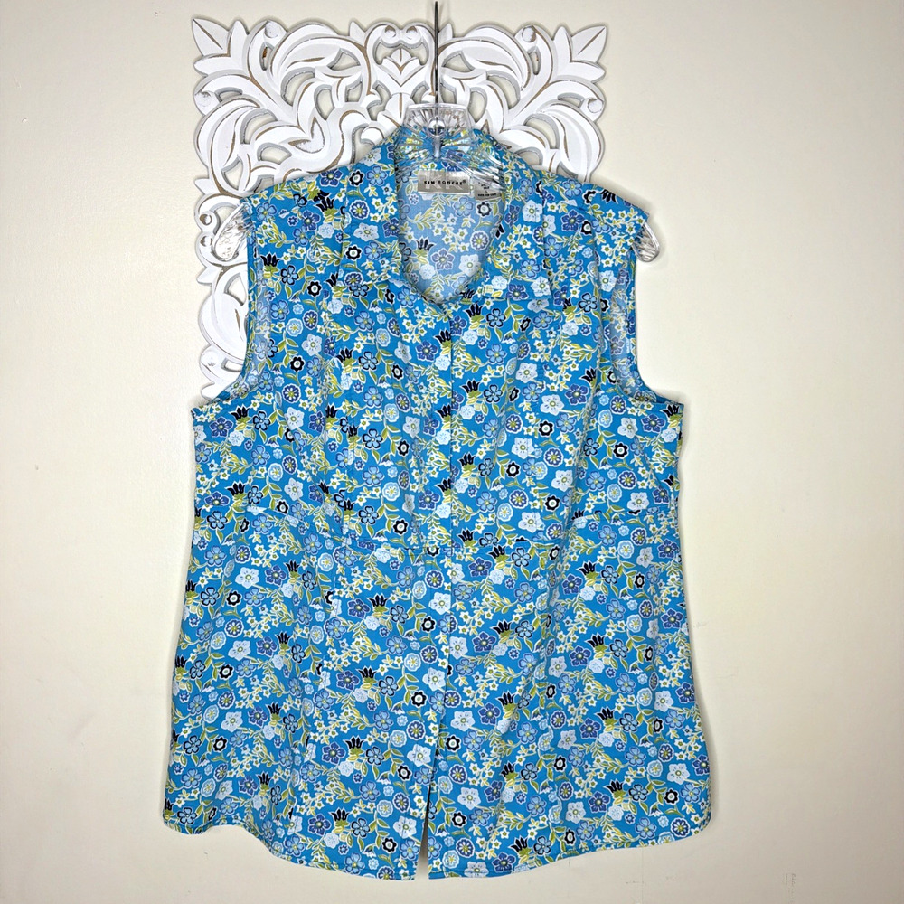 KIM ROGERS Women's size LARGE Blouse Sleeveless Empire Waist BLUE Ditsy Floral